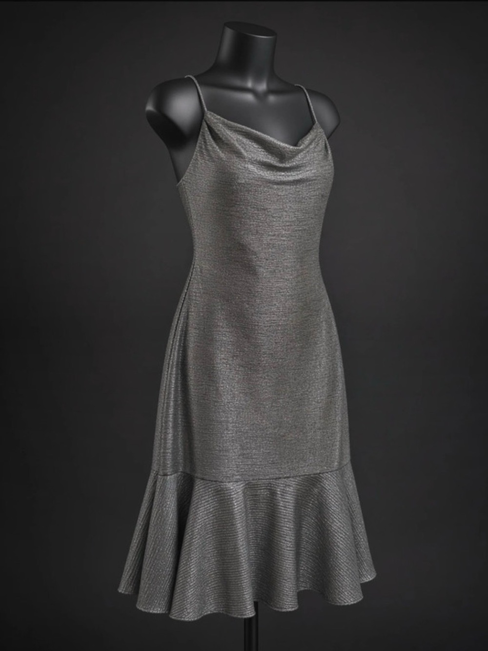 Night Way Collections Silver Cowl Neck Midi Dress with Ruffle Hem